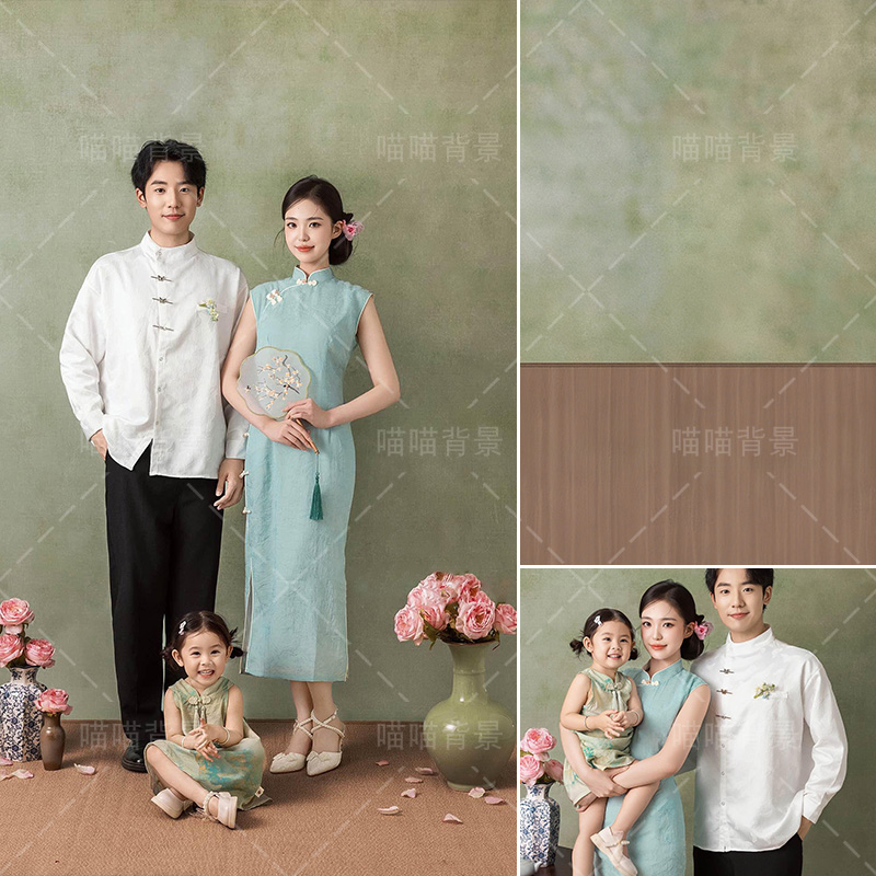 复古绿色肌理新中式全家福写真拍照背景布亲子照氛围感影棚室内古风绿色高级感温馨幸福东方一家三口MH-3141