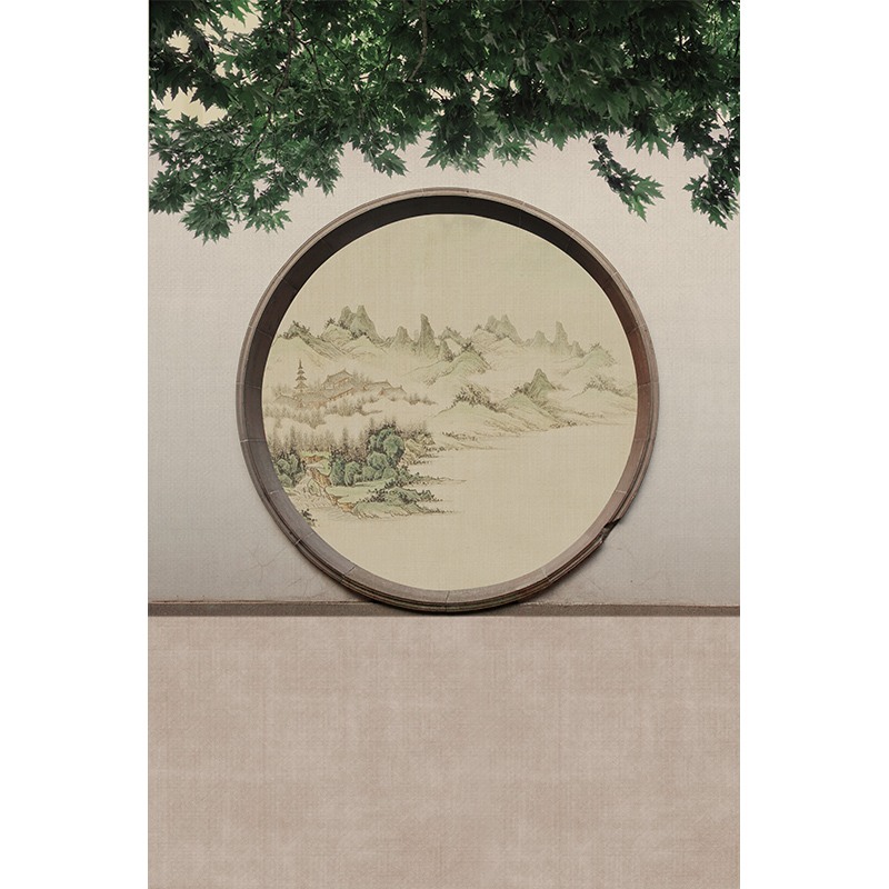 江南庭院工笔画全家福拍照背景布油画布古风旗袍盘子女人家庭亲子照纪念照内景拍照道具幕布图片