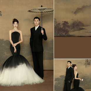 新中式婚纱照国风诗词诗词画意复古旗袍影楼婚纱摄影拍照背景布工笔画室内影棚照相馆小众高级感婚纱MH-1116