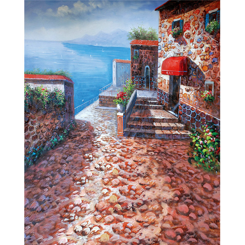 海边小屋童话世界油画背景布摄影影楼拍摄道具复古仿手绘喷绘背景油画