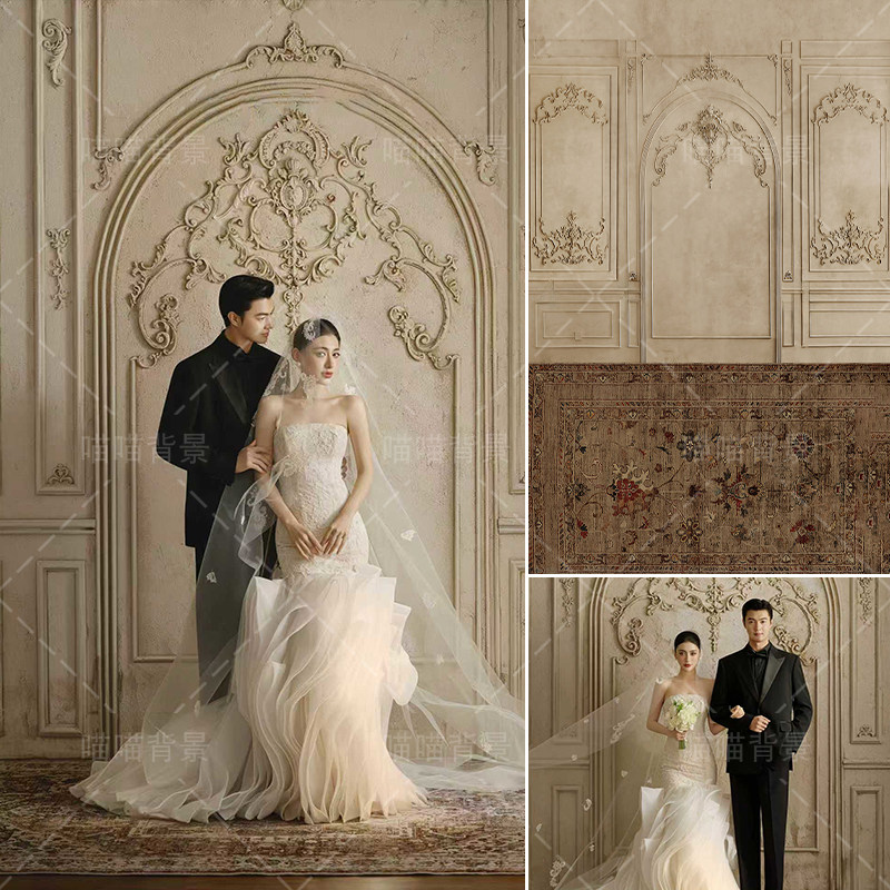 欧式宫廷风影楼婚纱摄影石膏线氛围感喷绘新款拍照拍照背景布白色浮雕影棚室内高级感背景纸情侣MH-4000