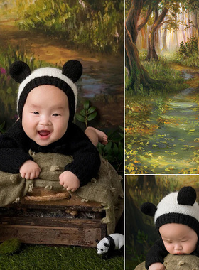 周岁宝宝春天森林油画布背景布影楼新生儿儿童拍照背景纸背景墙帆布摄影无纺布秋季森林草木仿实景MH-0405