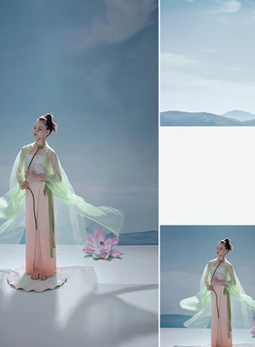 少女蓝天青山国风影楼室内影棚室内拍摄背景布个性创意简约模特杂志可定制写真雪山儿童帆布无缝布MH-0975