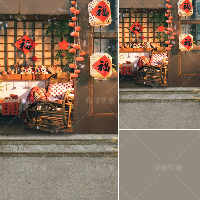 全家福影楼婚纱摄影背景布新款春节福气儿童摄影背景布冬天怀旧木屋拍照背景纸喜庆影棚室内宝宝亲子MH-2088