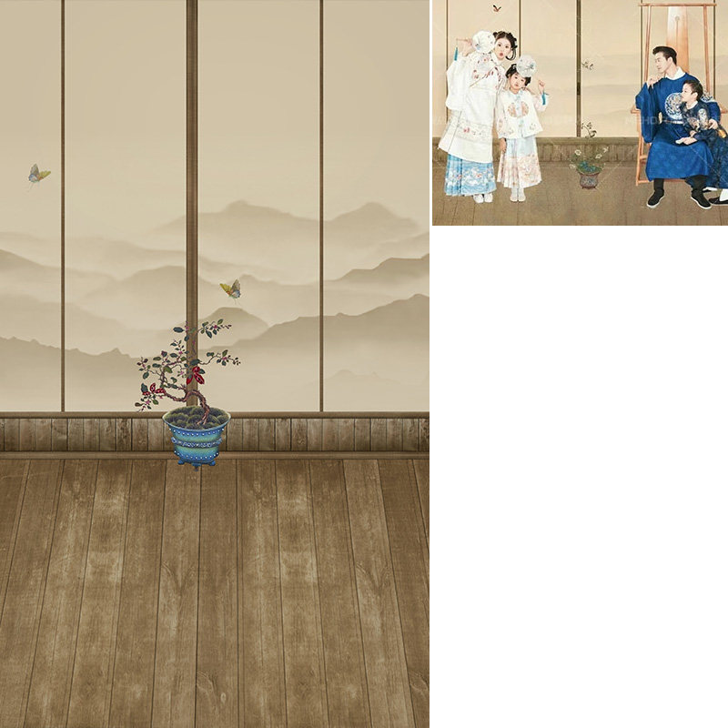 复古工笔画中国风古装新款新年全家福室内影棚拍照背景布商拍婚纱影楼摄影背景纸道具写真艺术国风MH-1248图片