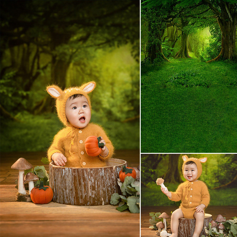 儿童肖像绿色森林室内艺术写真油画影楼拍照背景帆布喷绘mh-0418