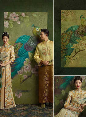 中式婚纱照油画背景布孔雀龙凤