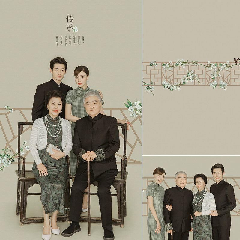 中国风全家福摄影影楼拍摄工笔画杜鹃写真背景布复古主题古风画背景布