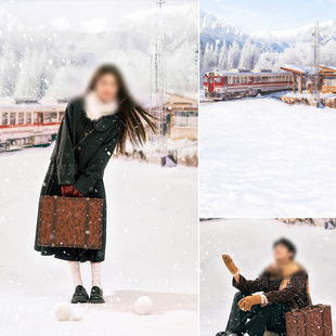 初雪冬日圣诞节雪景情侣写真拍照背景布胶片质感雪地冬天北海道雪国列车影棚室内氛围感日系情书女生MH-3198