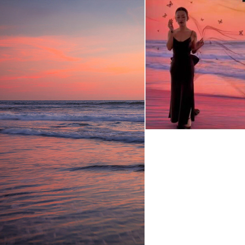 夕阳日落海边少女影楼婚纱摄影写真夏季沙滩大海拍照复古暖色天空背景纸帆布个性创意写真帆布喷绘MH-1062