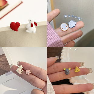 可爱不对称红心小兔耳钉笑脸云朵耳环甜美老鼠芝士猫咪花朵耳饰女