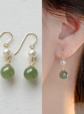 和田色新中式耳饰女旗袍珍珠耳环气质蚊香盘耳夹无耳洞阳绿耳钉