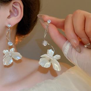 鸢尾花流苏耳环法式长款锆石花朵耳饰耳钉轻奢高级感度假风耳夹