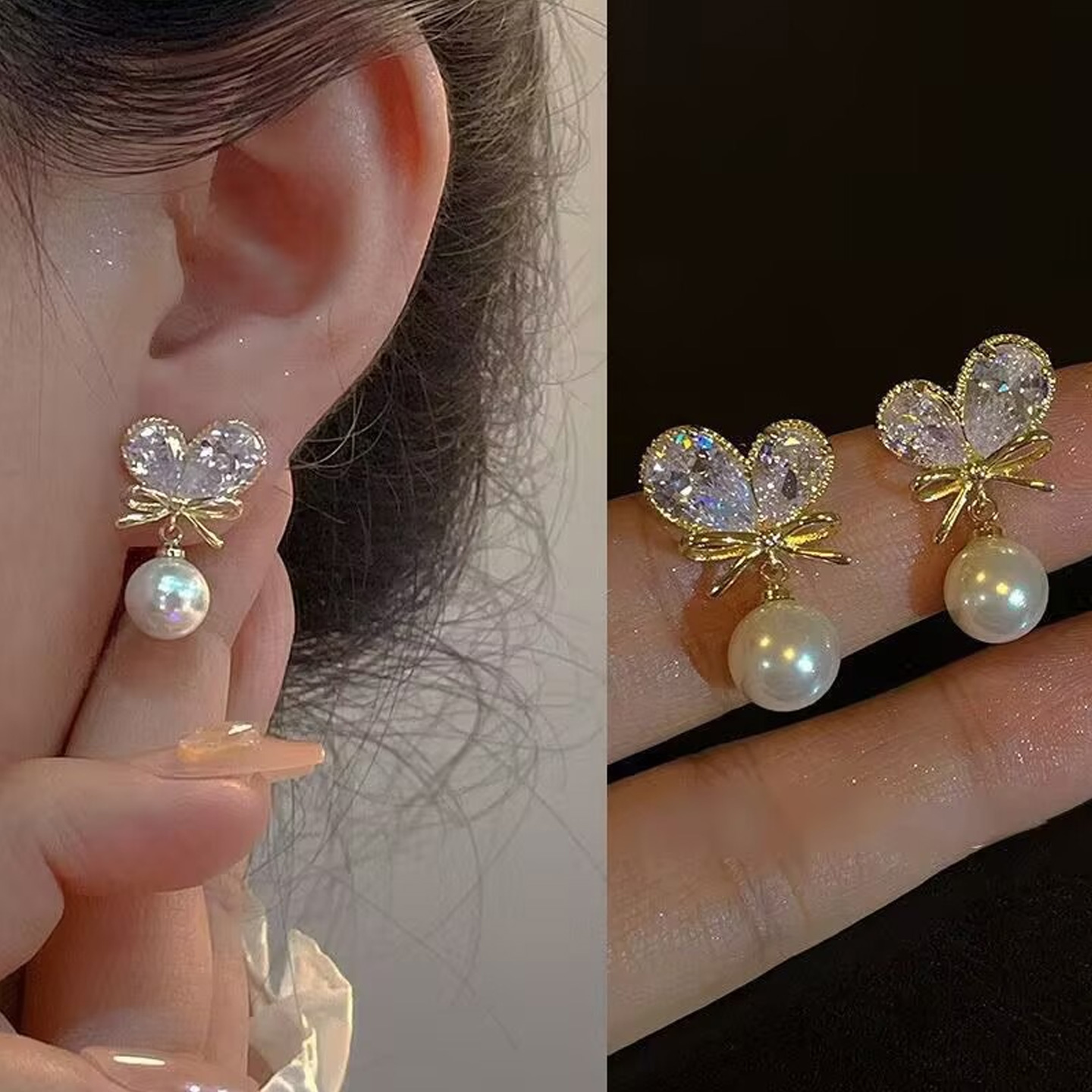 锆石蝴蝶结耳环女爱心珍珠耳饰