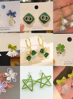 绿色花朵耳饰高级感耳环2024新款爆款四叶草耳钉女小众设计