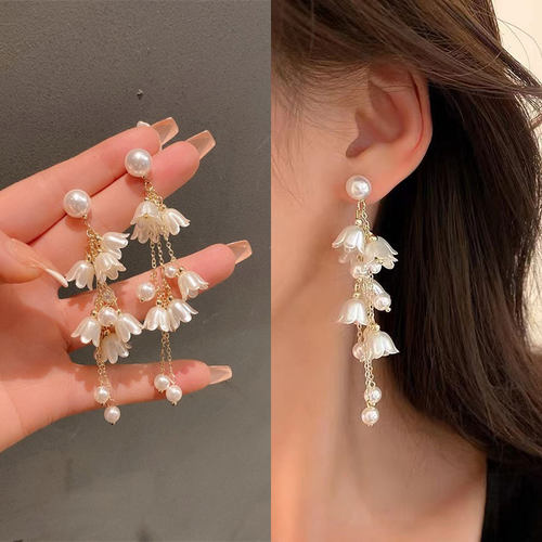 显脸瘦铃兰花朵耳环女流苏