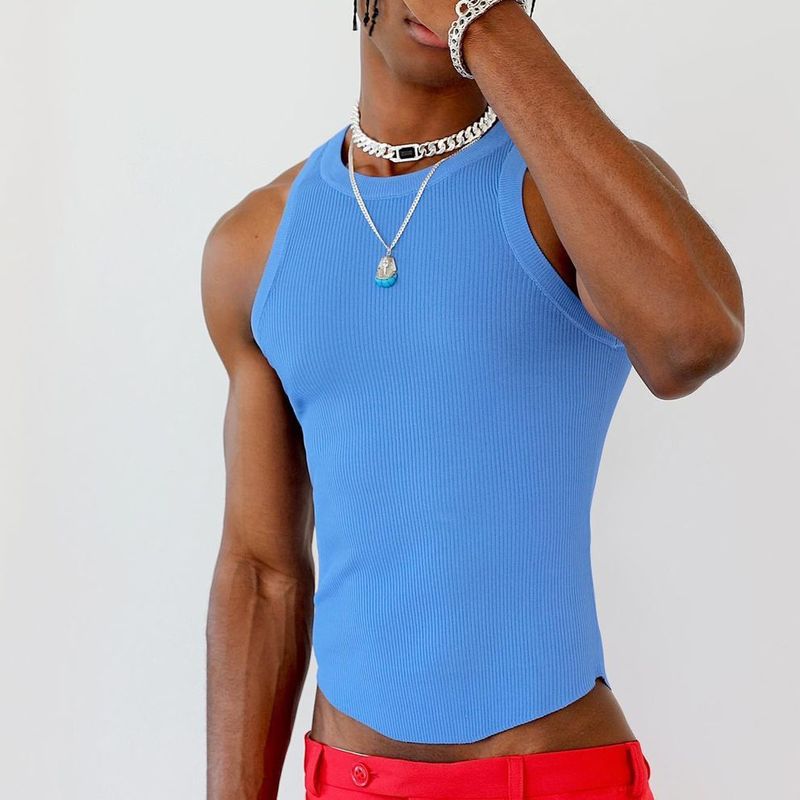 Men's vest 欧美不规则纯色紧身上衣男休闲弹力针织无袖工字