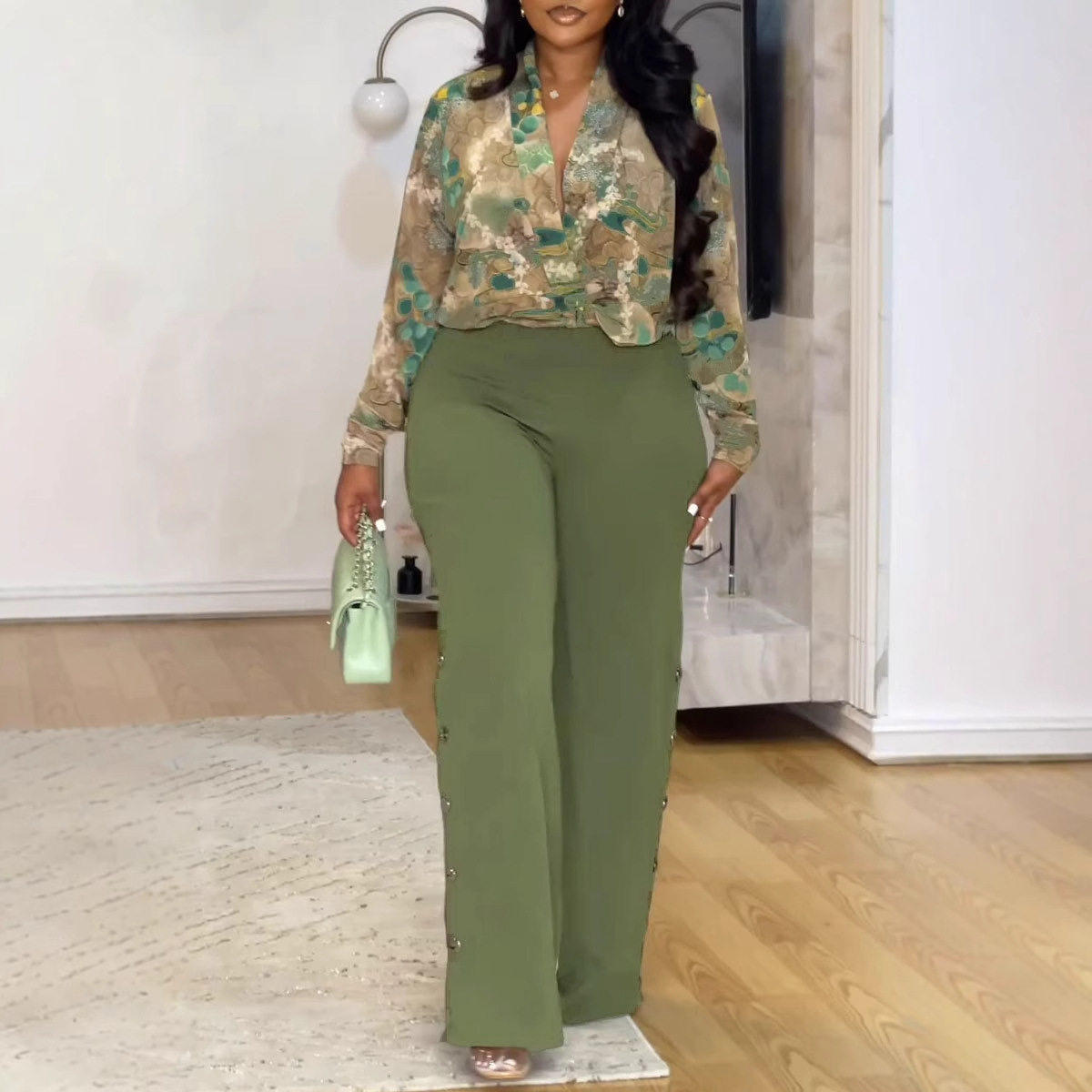 plus size V-neck shirt wide-leg pants two-piece set大码套装