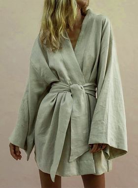 Long Sleeve Sashes Lace Up Dresses Women 2022 Spring Loose