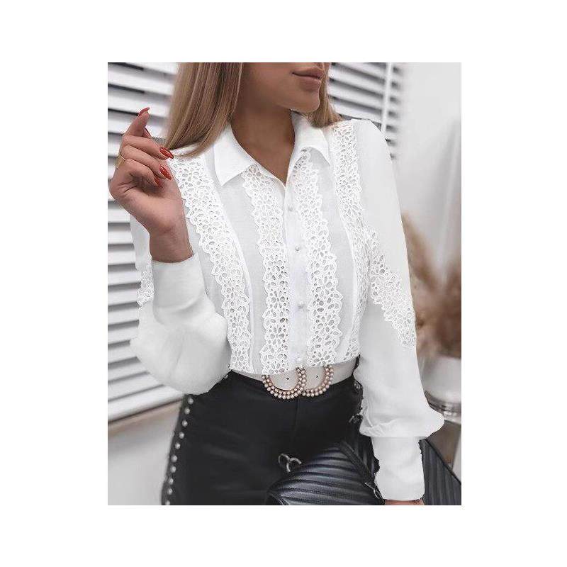 秋季新品韩版通勤立领单排扣白色钩花蕾丝拼接长袖衬衫时尚上衣女