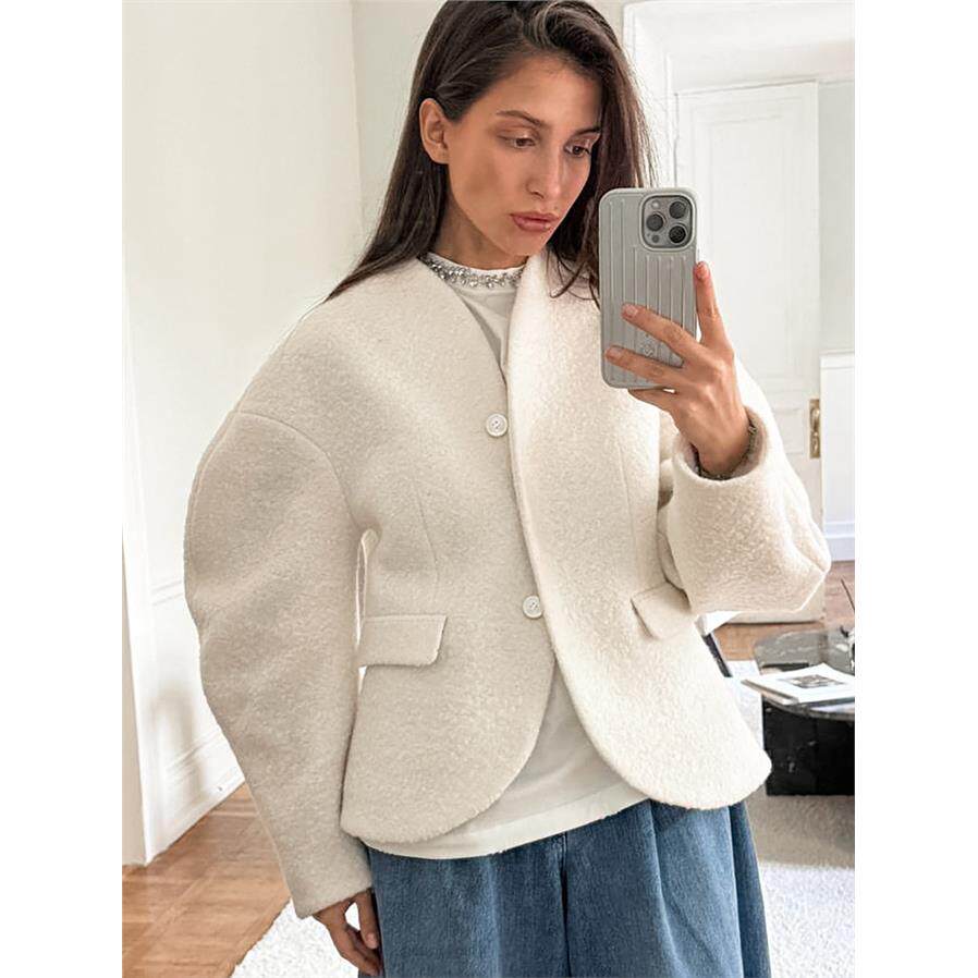 White woolen coat 欧美新款秋冬时尚白色无领粗毛呢小香风外套女