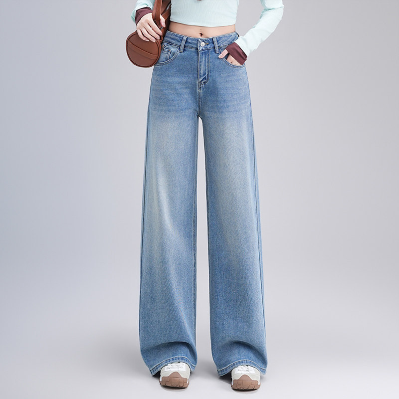 梦舒雅新款浅蓝窄版阔腿牛仔裤女2026时尚高腰显瘦宽松百搭直筒裤