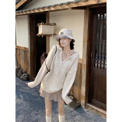 实拍实价 秋冬韩版软糯宽松polo领百搭针织衫毛衣打底内搭上衣女