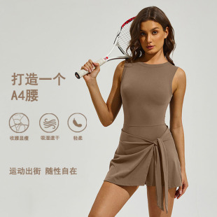 运动背心连衣裙显瘦绑带健身美背瑜伽网球服紧身防走光内衬网球裙