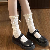 蝴蝶结蕾丝袜子女春秋季 中筒芭蕾风Lolita玛丽珍白色花边堆堆袜 款