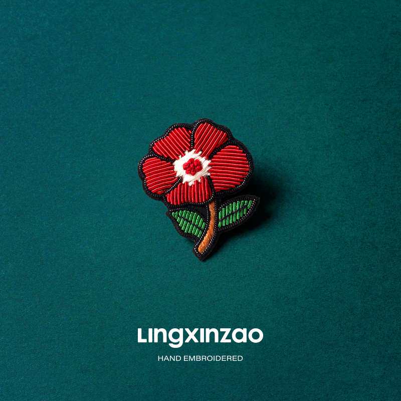 灵心造手工艺刺绣精致红色花朵胸针胸花高档女配饰别针衣服装饰