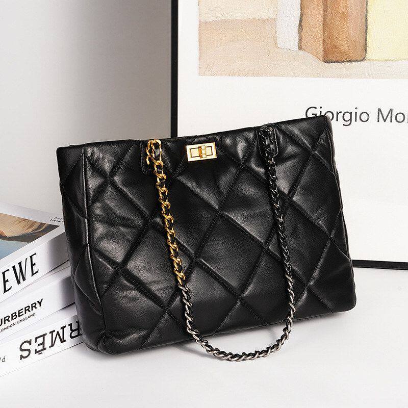 菱格链条包腋下真皮单肩包女 黑色头层羊皮高级感大容量托特包