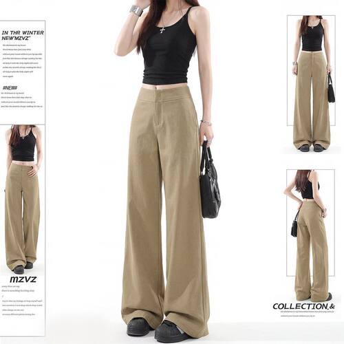 卡其色阔腿裤女裤子2026新款春秋高级感垂感直筒宽松小个子西装裤