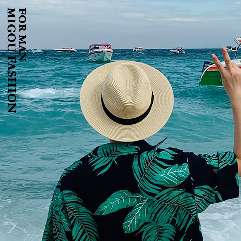 草编度假帽子海边男士遮阳折叠沙滩帽夏天巴拿马草帽男款防晒透气