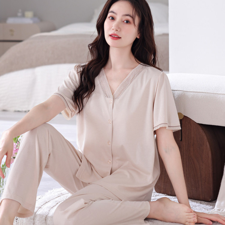 睡衣女夏季短袖长裤莫代尔薄款夏天冰丝半袖女士妈妈带胸垫家居服