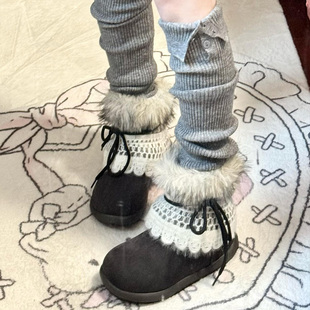 防滑短靴外穿靴子 加绒加厚保暖棉鞋 蕾丝毛绒雪地靴2025新款 女冬季