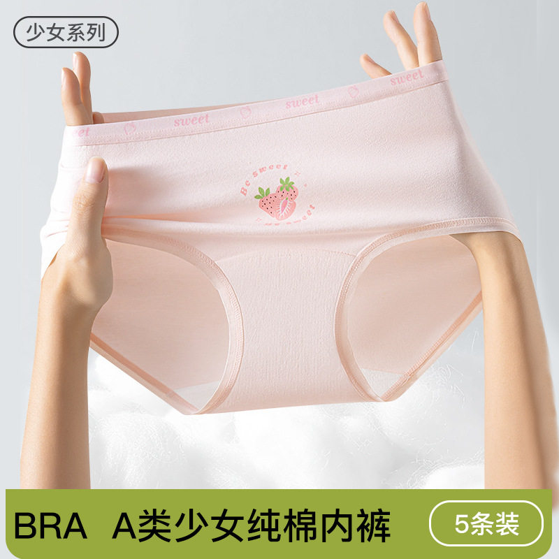 草莓图案10-18岁5条a类纯棉内裤女童初中生7a全棉裆女生三角裤短
