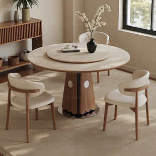 国家补贴2026款 中古风黄洞石圆餐桌变椭圆多功能带电磁炉转盘饭桌