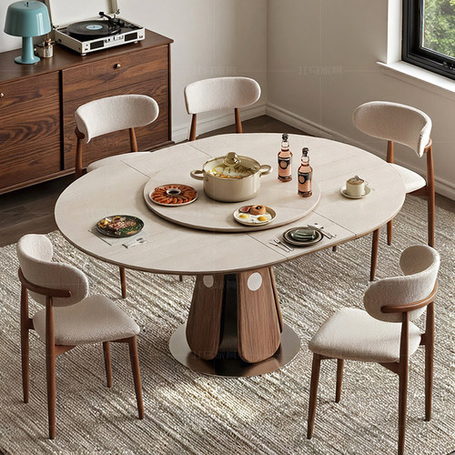 复古岩板餐桌带电磁炉可伸缩圆桌