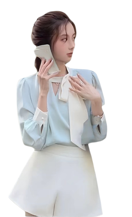 2025新款法式缎面系带灯笼袖长袖衬衫女韩版甜美淑女雪纺