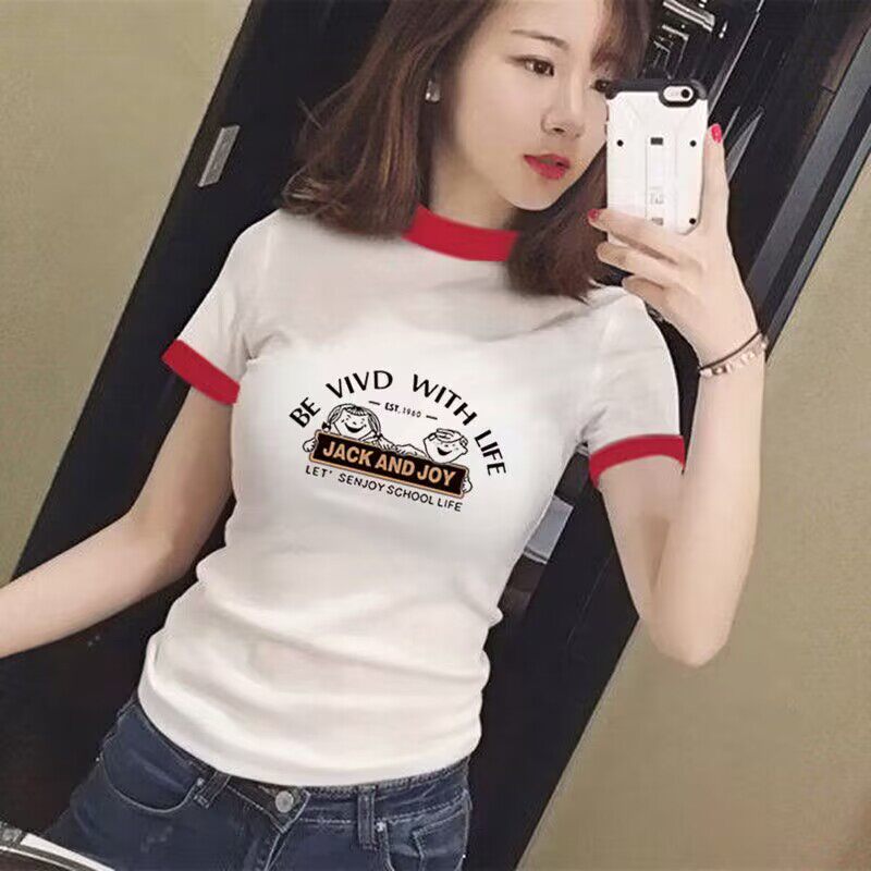 纯棉夏季新款韩版半高领小众短袖t恤女ins修身显瘦学生白色打底衫