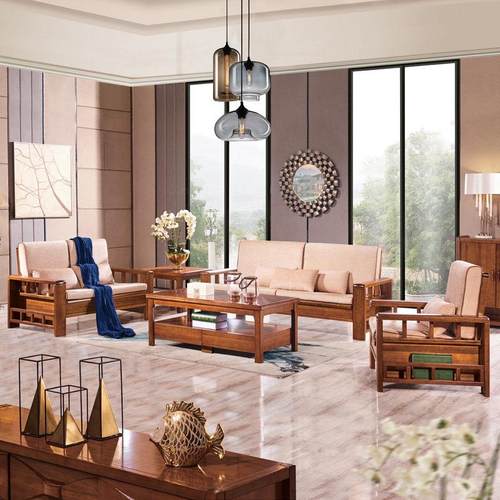 全实木沙发客厅组合金丝胡桃木冬夏两用小公寓现代中式三座沙发