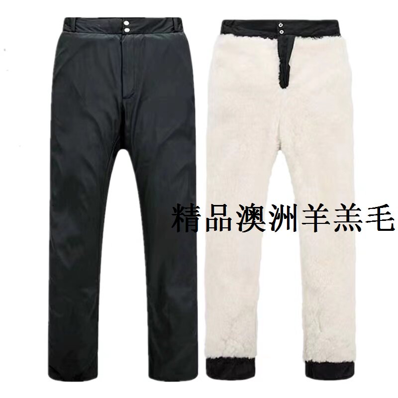 모직 면바지 남성용 모피 일체형 바지 겨울 중년 및 노인 플러스 벨벳 두꺼운  가죽 여성용 따뜻한 하이 웨이스트 양가죽 바지