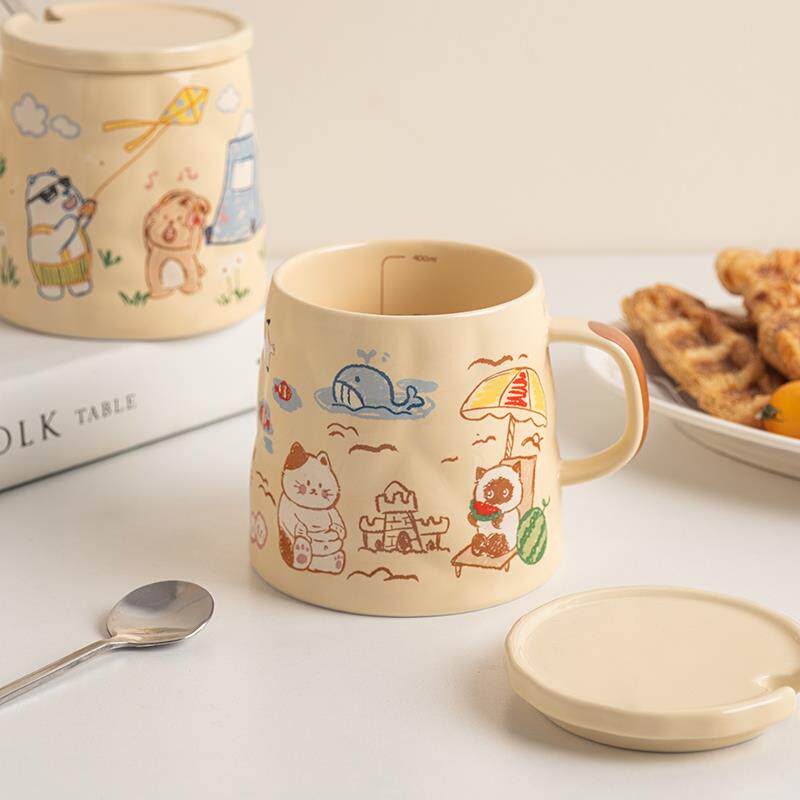 带刻度马克杯牛奶杯带盖勺高颜值情侣水杯咖啡杯可爱女生陶瓷杯子