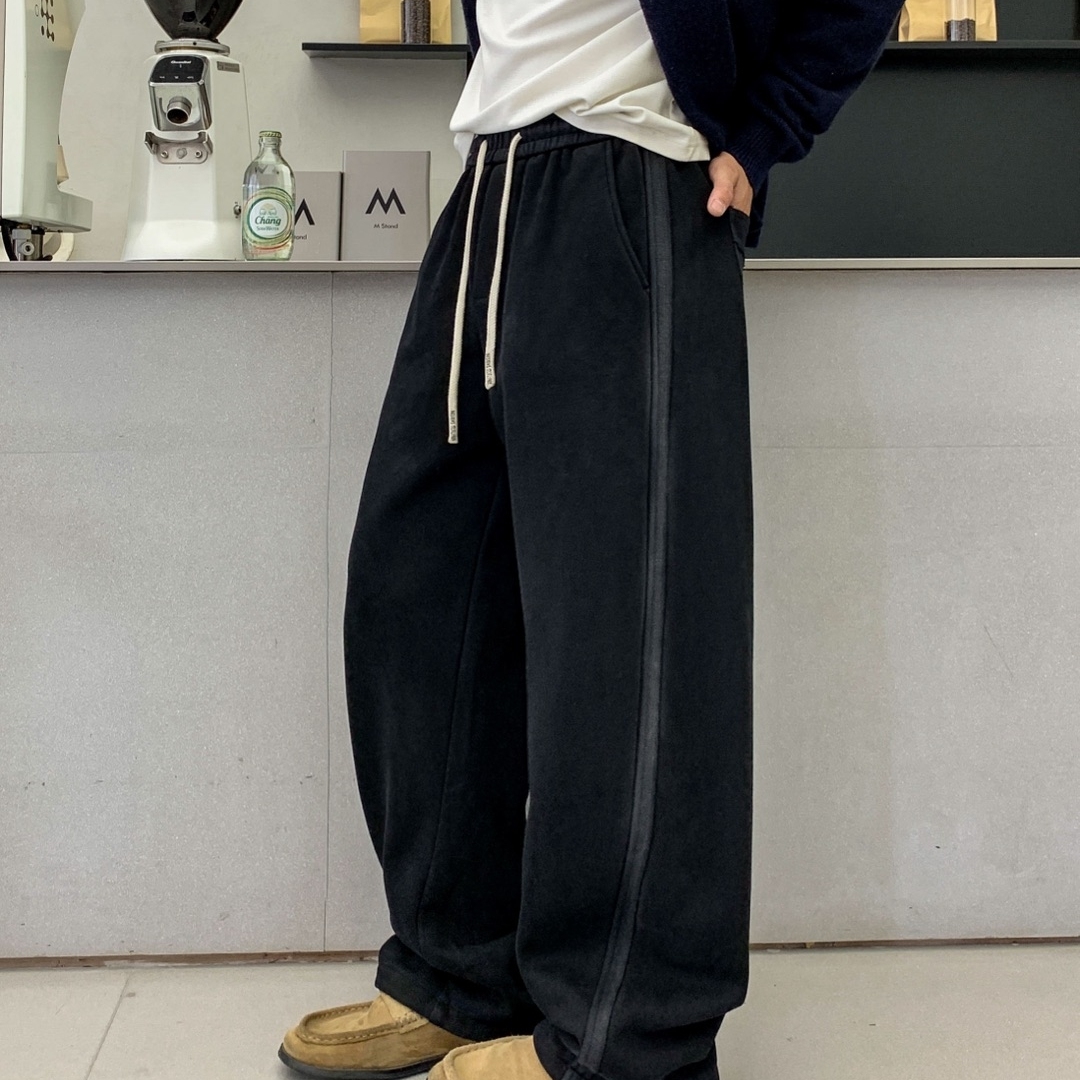 冬季重磅加绒加厚宽松直筒卫裤男