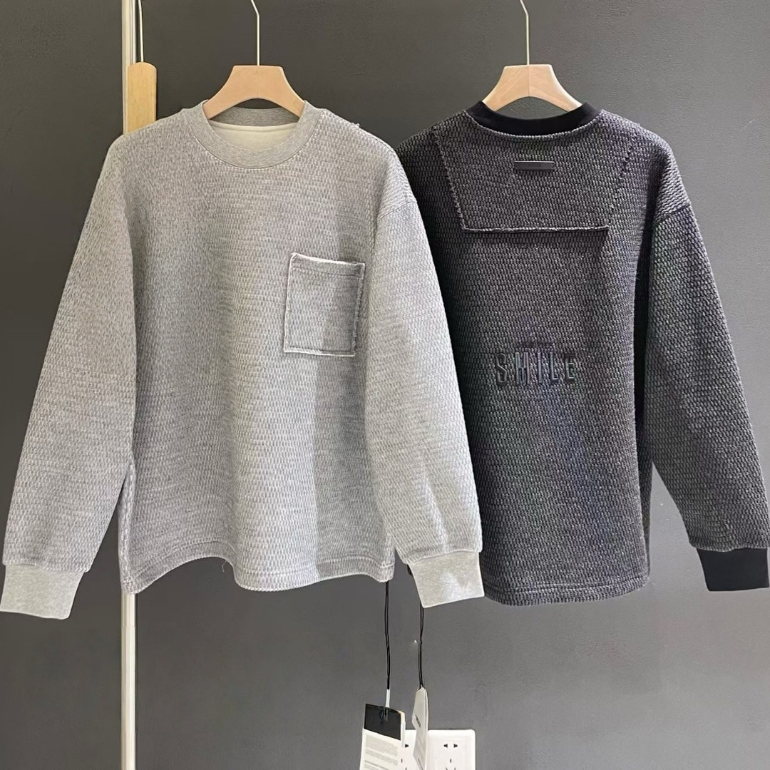高街美式秋冬新款加绒保暖口袋百搭圆领卫衣男宽松拼接针织打底衫