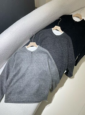 韩版宽松极简加绒拼接假两件卫衣男冬季潮流新款半拉链套头打底衫