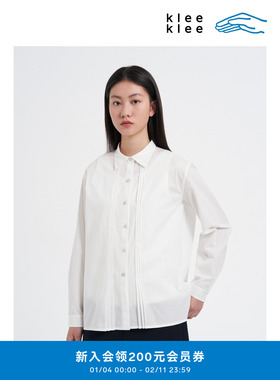 klee klee2026早春新款女装环保棉盐缩中长风琴褶白衬衫K0261BL07