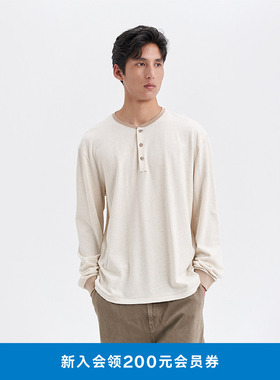 klee klee秋冬男装丝棉大麻原色亨利领复古长袖T恤K1253TS05