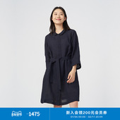 klee klee春女装 亚麻纸纱系带翻领显瘦气质舒适中长连衣裙