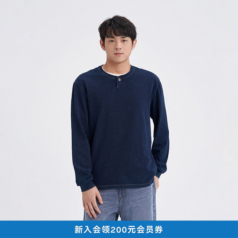 环保棉靛蓝染竹节一粒扣长袖T恤